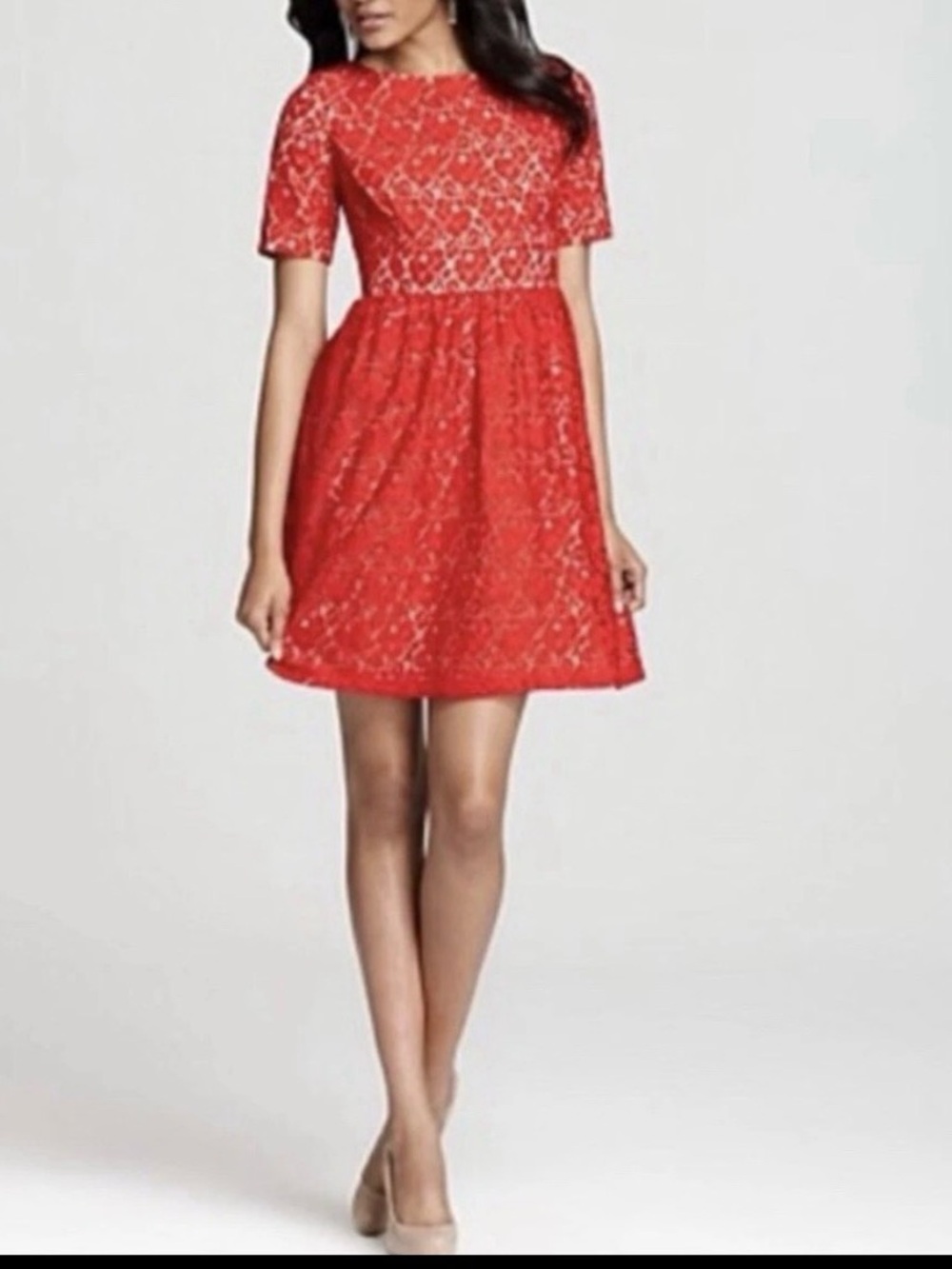 Adrianna Papell Mini Dress Lace Overlay Ruby Red Flare Holiday Event Size 14